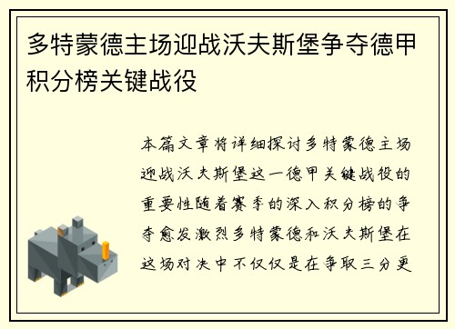 多特蒙德主场迎战沃夫斯堡争夺德甲积分榜关键战役
