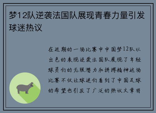 梦12队逆袭法国队展现青春力量引发球迷热议